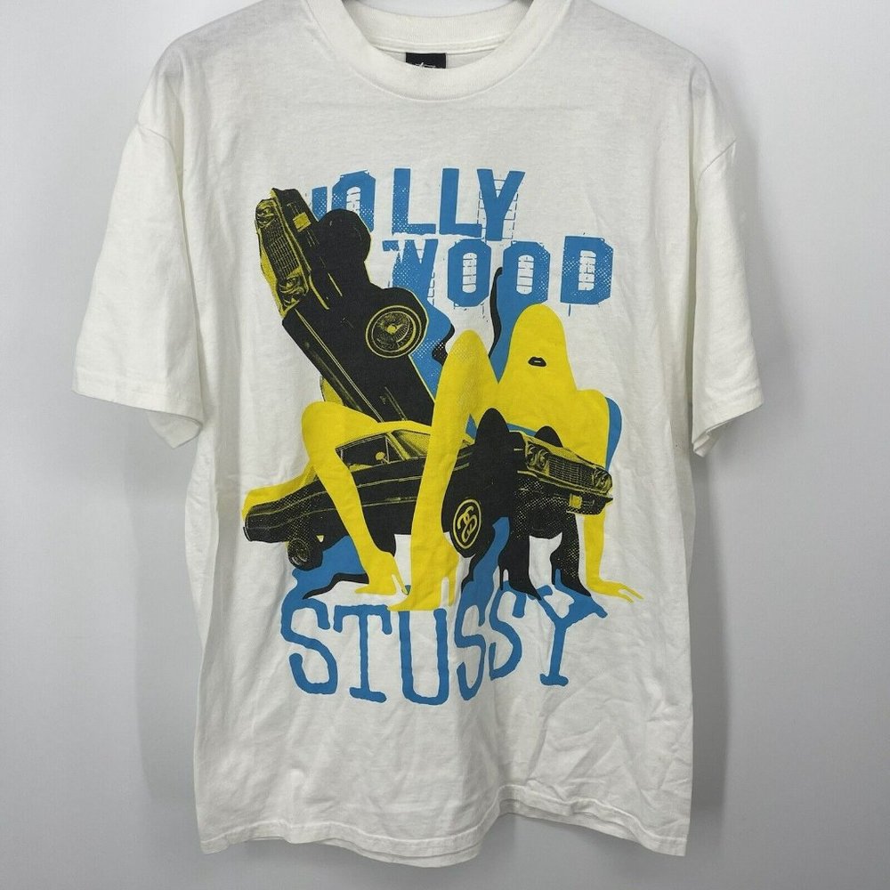 Vintage Stussy Shirt Mens Large Hollywood Car Low Rider USA White Short Sleeve